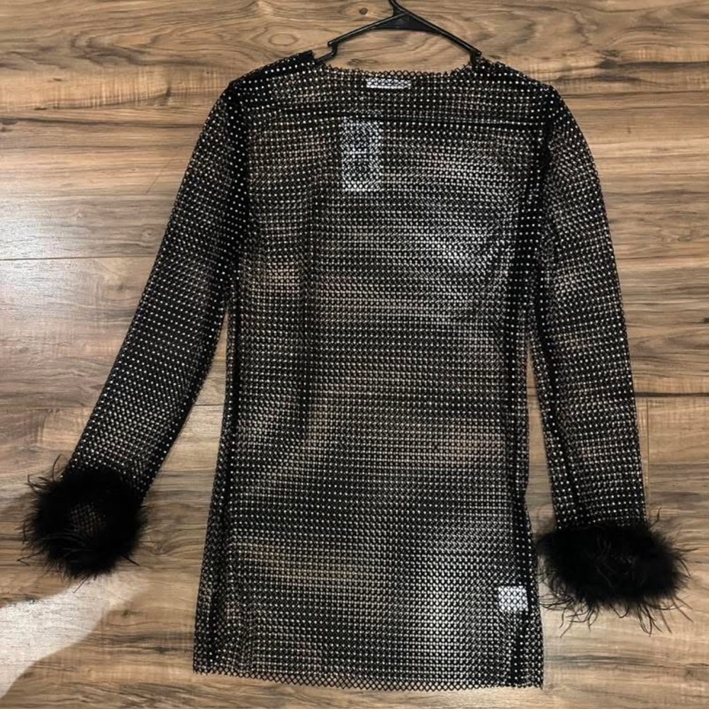 12th Tribe Black Mesh Dress with Feather Cuffs